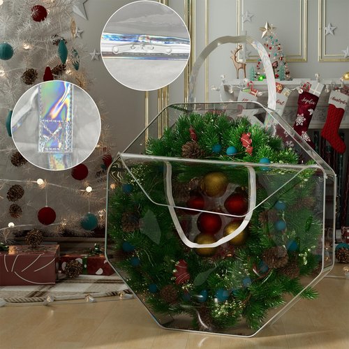 Homyfort 24" Christmas Wreath Storage Container - Waterproof Heavy Duty Wreath Bag with Reinforced Handles, Transparent PVC Wreath Holder for Xmas Holiday Seasonal Wreath Garland