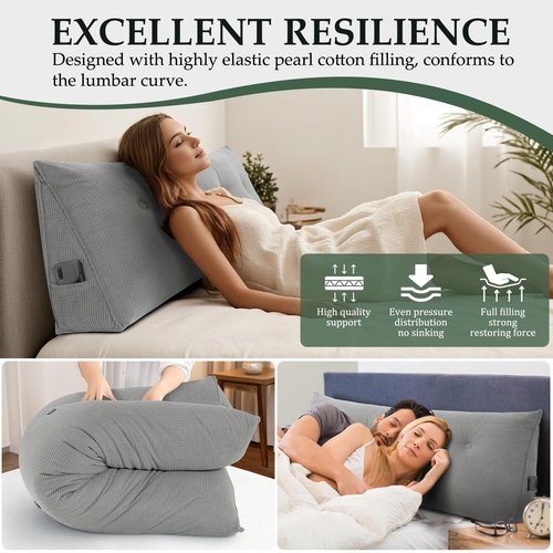 Huatean Home Soft Headboard Pillow Queen Size, Wall Backrest Wedge Pillow Headboard Queen, Reading Backboard Pillows, Large Dorm Daybed Bolster Pillows for Back Support with Removable Cover, Gray