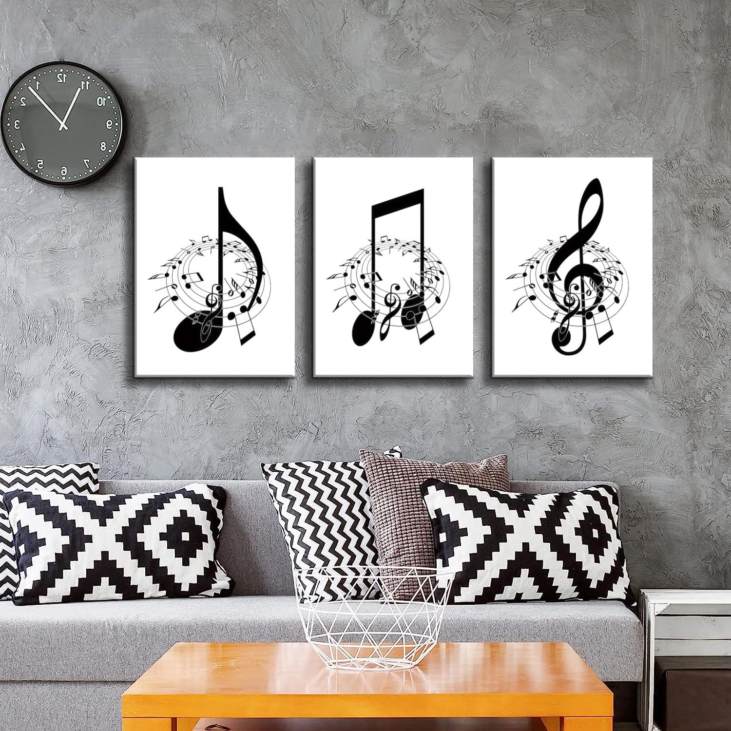 Skiennix Framed Music Notes Wall Art - Stylish Black & White Canvas Prints | 12x16in (Set of 3)