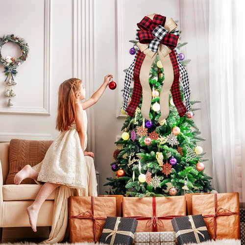 Buffalo Plaid Christmas Tree Topper by [Brand Name] - Handmade Red & Black Burlap Bow | 13 x 29 Inch Holiday Decoration