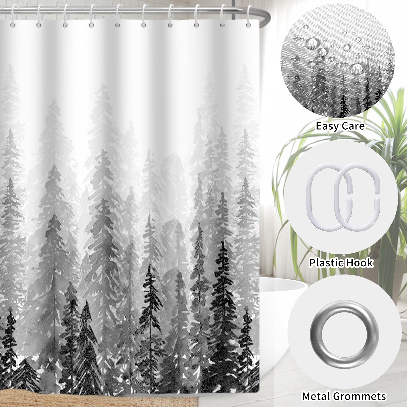 RiePoiia Black and White Misty Forest Shower Curtain for Bathroom,Waterproof Fabric Bathroom Curtains Washable Nature Pine Tree Fog Shower Curtain Set with 12 Pcs Hooks, 72x72 Inch
