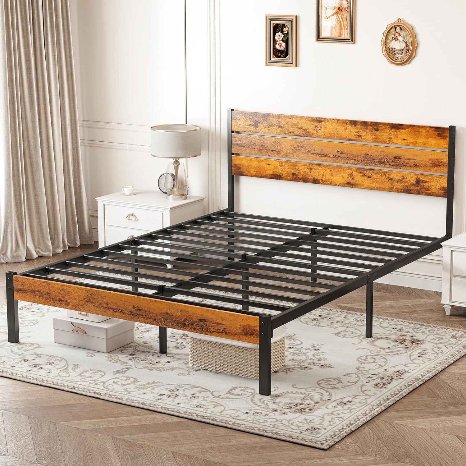 Sweetcrispy Queen Size Bed Frame - Sturdy Metal Support, Under Bed Storage, Easy Assembly | Rust Brown