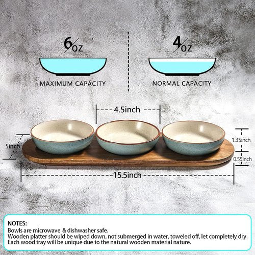 Artena 6oz Turquoise Ceramic Chips and Dip Platter - Acacia Wooden Tray & Small Bowls Set