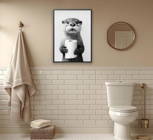 Framed Otter Bathroom Wall Art - Funny Black and White Decor for Restroom | Farmhouse Style