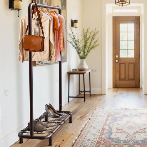 Simple Houseware Clothing Rack with Industrial Pipe and Bottom Shelves, Bronze