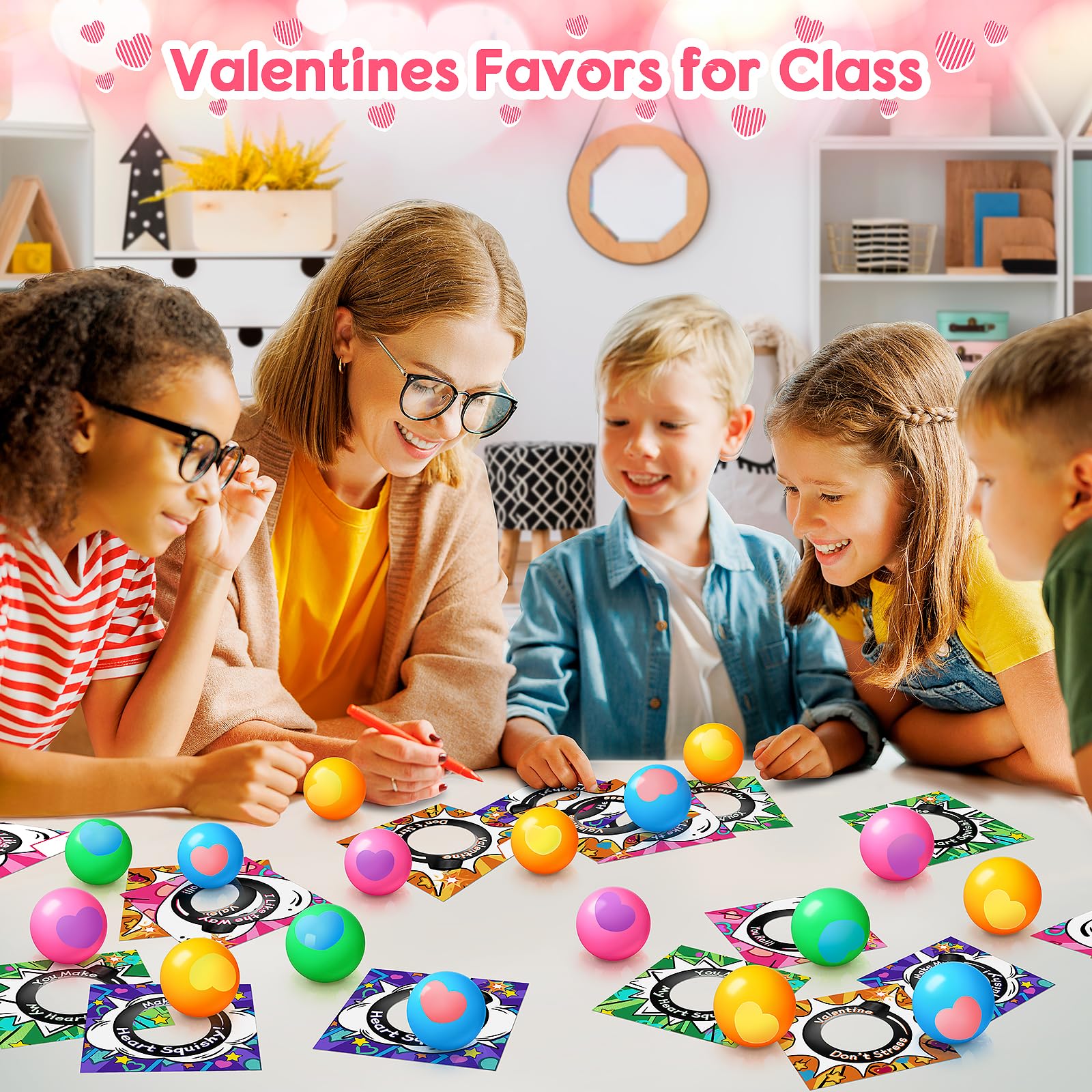 Valentines Day Cards for Kids School, 24 Pack Heart Stress Balls Valentine Day Gifts for Boys Girls, Squeeze Toys for Valentine Party Favor, Ideal Valentines Gifts for Classroom Exchange Prize