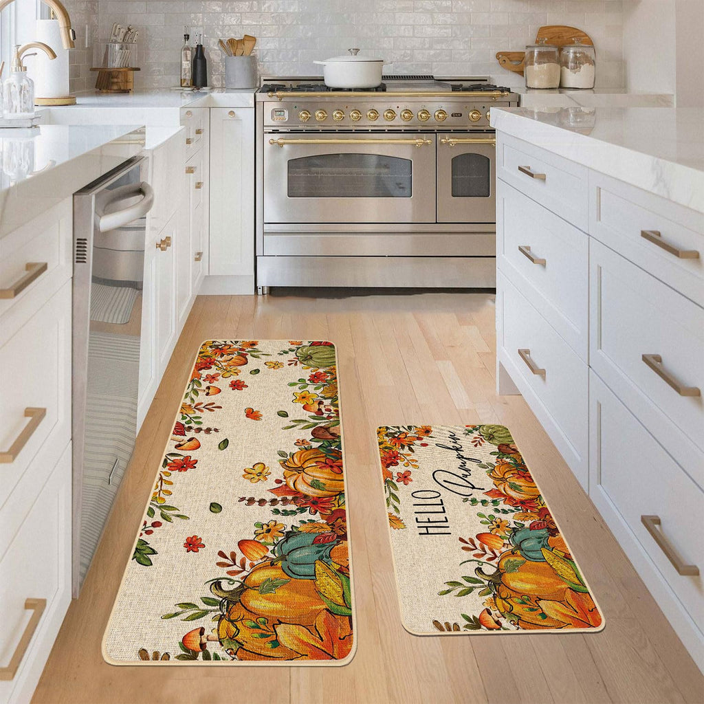Baccessor Fall Pumpkins Kitchen Rugs Set of 2,Thanksgiving Autumn Pumpkins Floral Leaves Low-Profile Non Slip Absorbent Kitchen Mats for Floor Farmhouse Home Decor 17x29 and 17x47 Inch