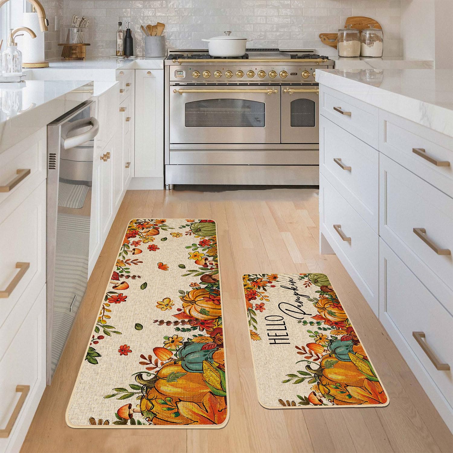 Baccessor Fall Pumpkins Kitchen Rugs Set of 2,Thanksgiving Autumn Pumpkins Floral Leaves Low-Profile Non Slip Absorbent Kitchen Mats for Floor Farmhouse Home Decor 17x29 and 17x47 Inch