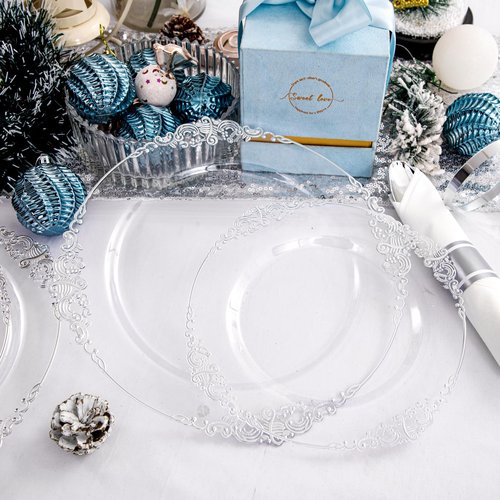 Morejoy 350PCS Clear Silver Plastic Plates - Silver Disposable Plates sets Include 50 Dinner Plates,50 Salad Plates,50 Forks,50 Knives, 50 Spoons，50 Cups, 50 Rolled Napkins for Wedding & Christmas