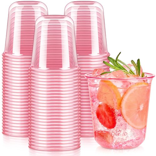 Qeirudu 50 Pcs Pink Plastic Cups, 12oz Disposable Stemless Wine Glasses Pink Cocktail Party Cups for Mother's Day, Meeting, Wedding, Birthday Party