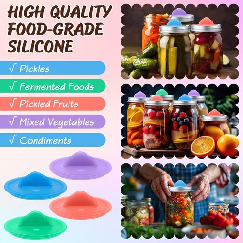 4 Pack Mason Jar Silicone Fermentation Lids for 3" Wide Mouth Jars Waterless Airlock Fermentation Mason Jar Lid Fermenter Caps for Pickles, Kimchi, Fermented Probiotic Food (Pink,Blue,Purple,Green)
