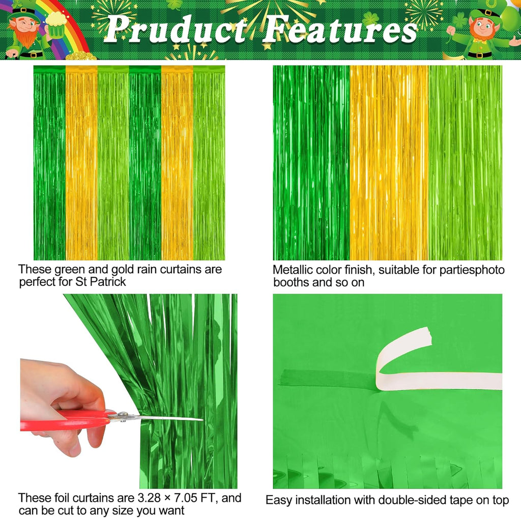 St. Patrick's Day Party Decorations - 2 Pack Green & Gold Backdrop Curtains | 3.28 FT x 7.05 FT Metallic Fringe