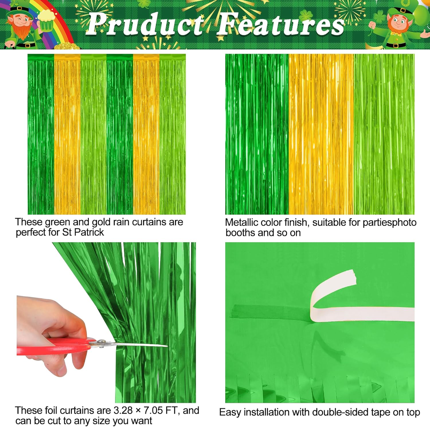 St. Patrick's Day Party Decorations - 2 Pack Green & Gold Backdrop Curtains | 3.28 FT x 7.05 FT Metallic Fringe