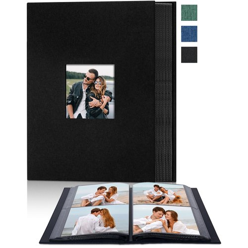 Remowith Cloth Cover Photo Album 4x6 with DIY Square Window Slip in Photo Book for Travel, Wedding, Anniversary 200 Pockets Black