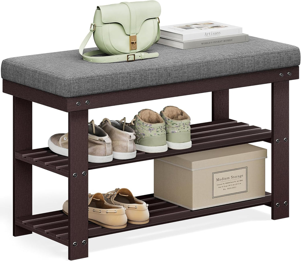 SONGMICS Bamboo Shoe Bench - 3-Tier Shoe Rack Organizer with Rustic Walnut Finish | Holds Up to 300 lb, 11.9 x 28.3 x 19.2 Inches