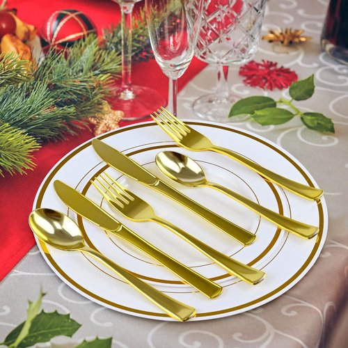 Pre Rolled Gold Plastic Silverware with Red Napkins, 100Pack Red Wrapped Cutlery with Napkin, Heavy Duty Prerolled Plastic Silverware, Rolled Cutlery with Christmas Napkins for Holiday