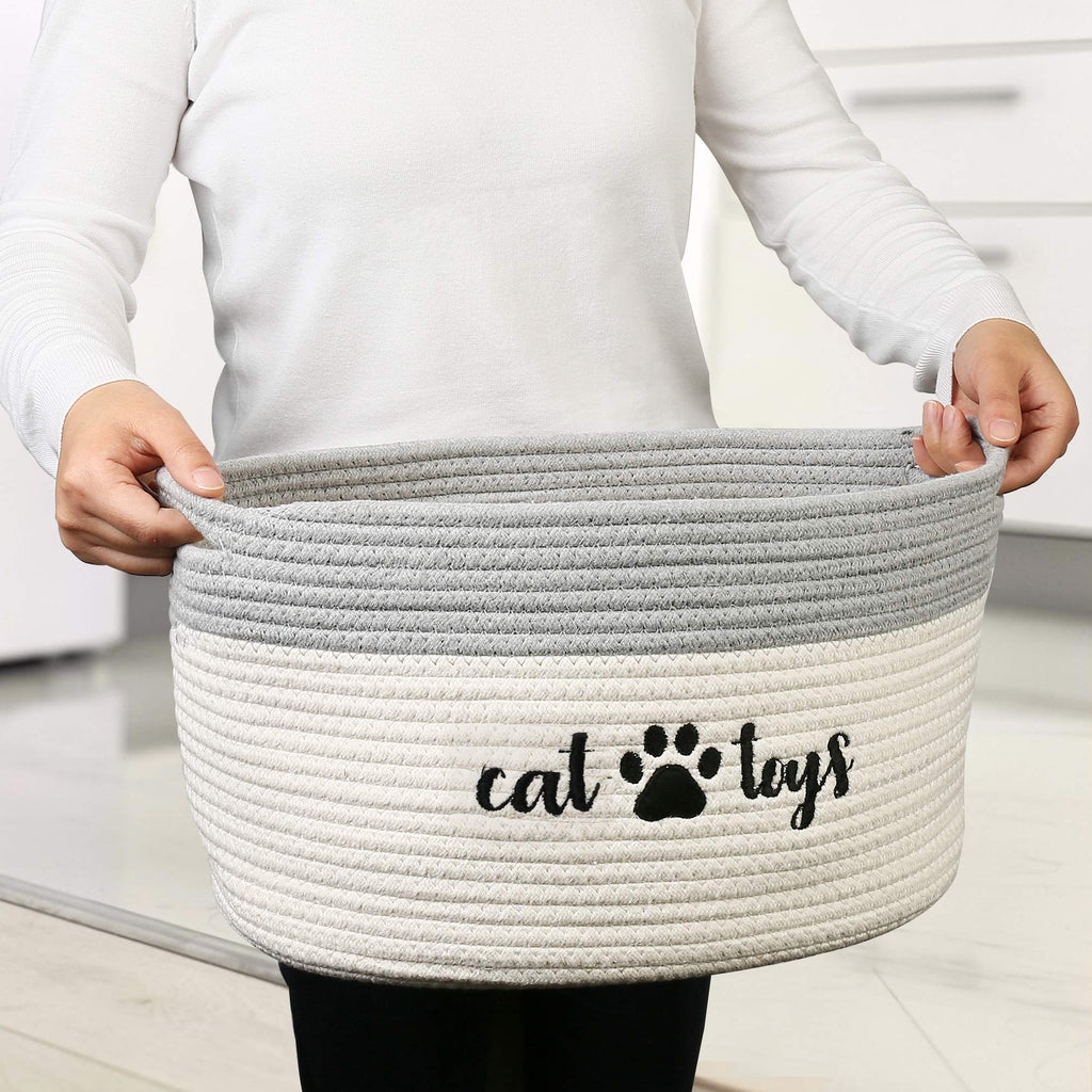 PrimePets Cat Toy Basket, Cotton Rope Storage Basket with Handles, Small Woven Pet Box Bin for Blankets, 15x10x9 inch Cat Holder Container, White and Grey