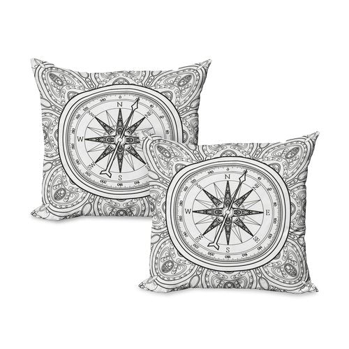 Ambesonne Compass Decorative Throw Pillow Case Pack of 2, Hand Drawn Windrose in Line Art Style Nautical Illustration Coloring Book Design, Couch Bedroom Living Room Cushion Cover, 18", White Black