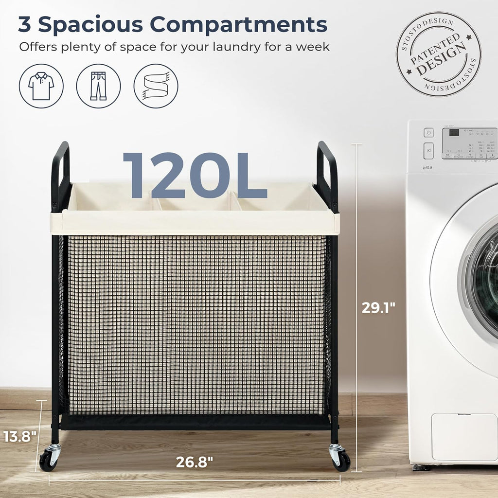 STO STO Laundry Hamper - 120L Rolling Sorter Cart with Removable Washable Liner & Wheels