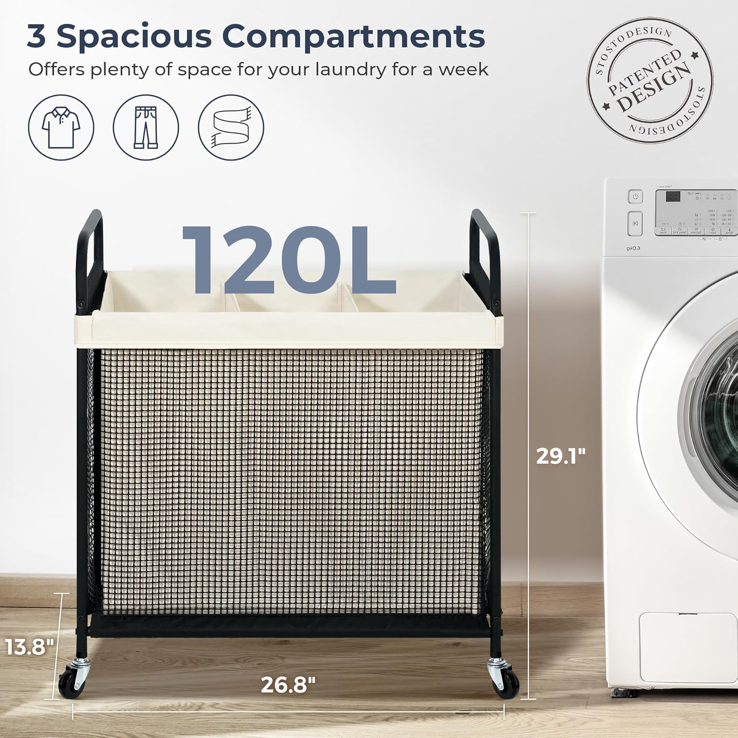 STO STO Laundry Hamper - 120L Rolling Sorter Cart with Removable Washable Liner & Wheels