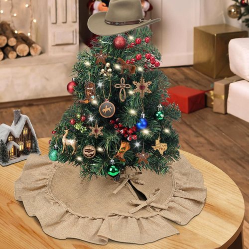 Sofevaim Mini Burlap Tree Skirt 24 Inch, Small Burlap Tree Skirt with Ruffle, Boho Christmas Tree Skirt for Pencil Tree Western Christmas Farmhouse Decorations