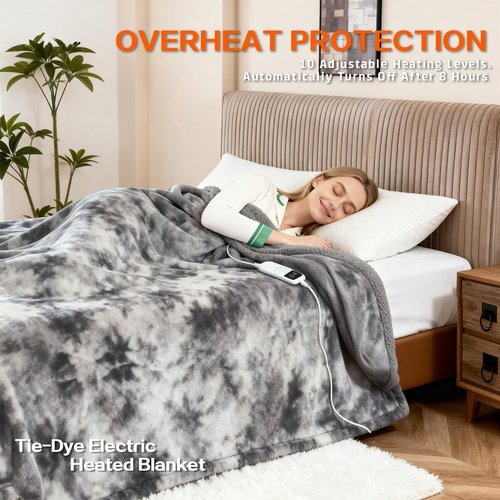 Cushious Electric Heated Blanket Throw 50''x60''Size Faux Fur Heating Blanket 10 Heating Settings, 1-8h Timer & Overheat Protection, Machine Washable, Soft Flannel and Sherpa Full Body Warmth