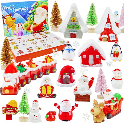 Hiawbon Christmas Mini Santa Figurines - 24-Day Advent Calendar with Tiny Resin Santa, Snowman & Trees for Holiday Decor