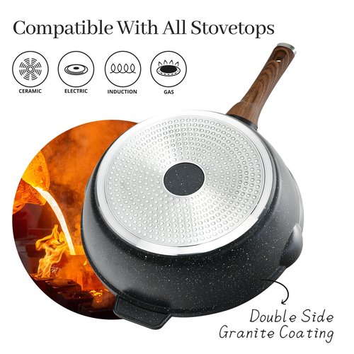 MOJIRE Deep Frying Pan Nonstick with Lid and Spatula, 12 inch / 5.5 Quart Saute Pan, Non Stick Granite Stir-Fry Chef Skillet with Scrub Sponge, Gas Induction Stovetops Compatible