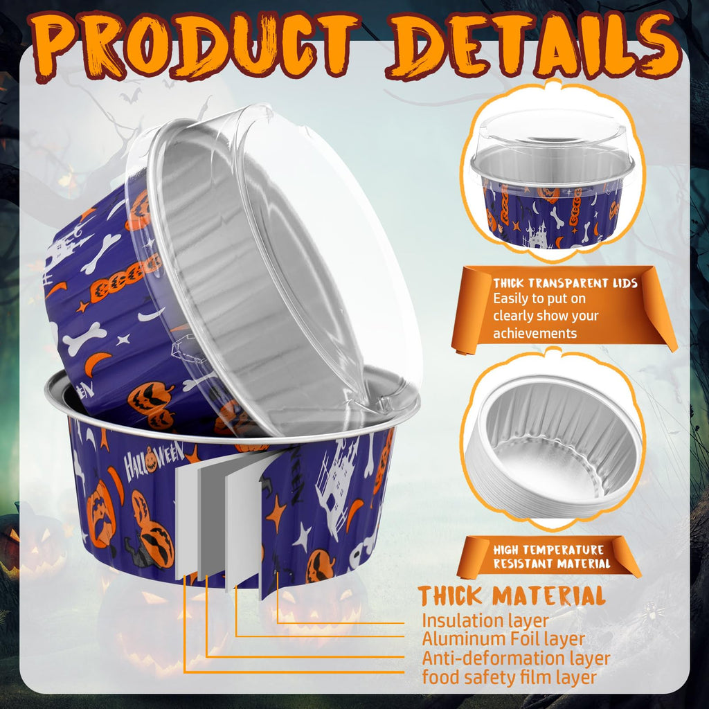 Teenyyou 100 Pcs Halloween Mini Aluminum Foil Cupcake Baking Cups with Lids 5 oz Baking Liner Cups Cupcake Containers Pans or Halloween Party Wedding Birthday Party (Round)