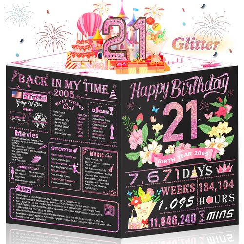 21st Birthday Card,3D Pop Up Funny 21st Birthday Decorations for Girls Granddaughter Sister,Happy 21 Year Old Birthday Gift for Daughter,Great 21Year Old Gifts Idea for Her,Jumbo Rose Glod In 2005