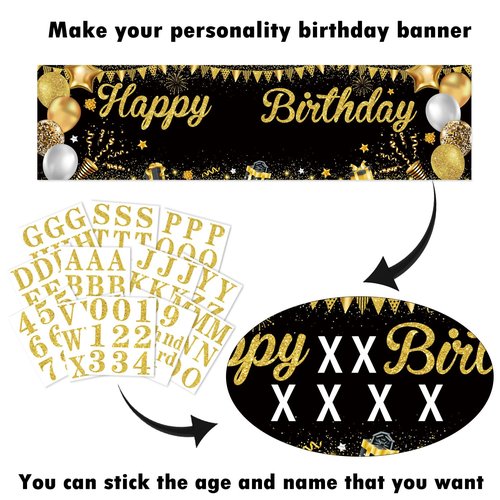 Personalized Birthday Banner for Party, with Name & Ages Option-Custom DIY Alphabet & Numbers Stickers Birthday Party Backdrop Indoor/Outdoor Celebrations (Black Gold)