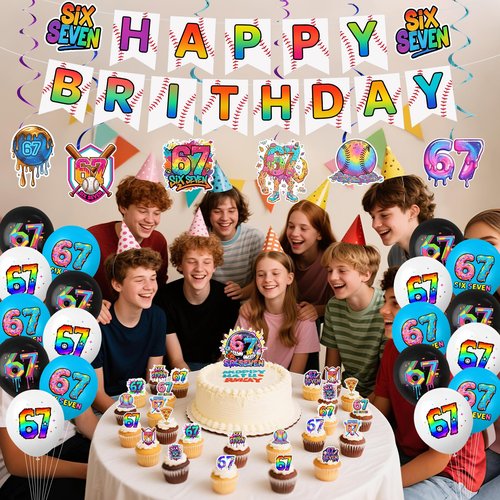 6 7 Birthday Decorations, 67 Meme Themed Birthday Decorations Set Includes Happy Birthday Banner, Large Cake Topper, 24 x Cupcake Toppers, 18 x Ballons, 6 x Hanging Spinners