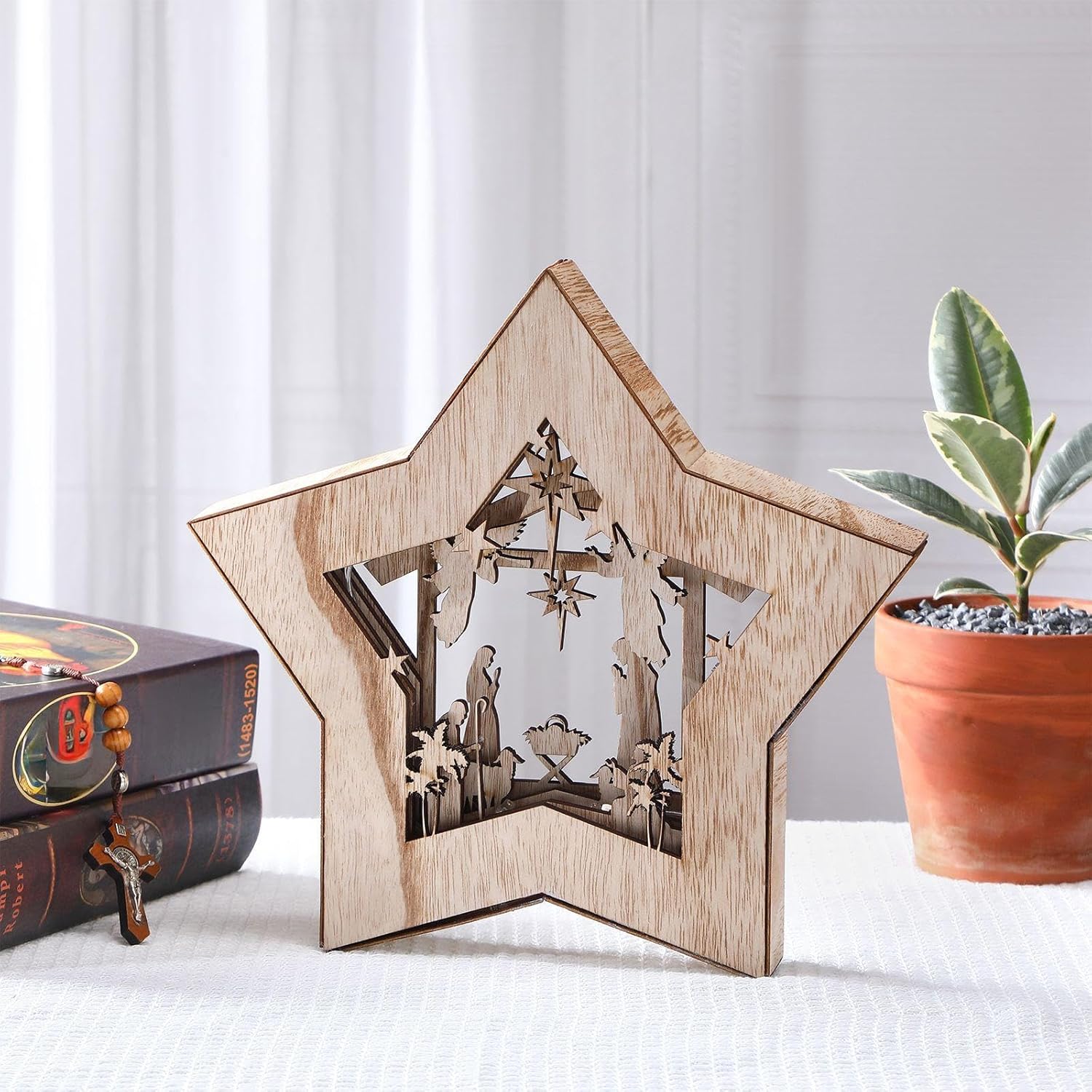 Regine Switzerland Wooden Nativity Scene Set - Rustic Christmas Tabletop Decoration with LED Light