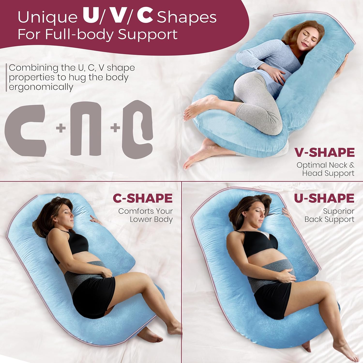 PILLANI Pregnancy Pillow - VCU Shaped 57-Inch Full Body Support with Removable Washable Cover | Cooling Maternity Comfort