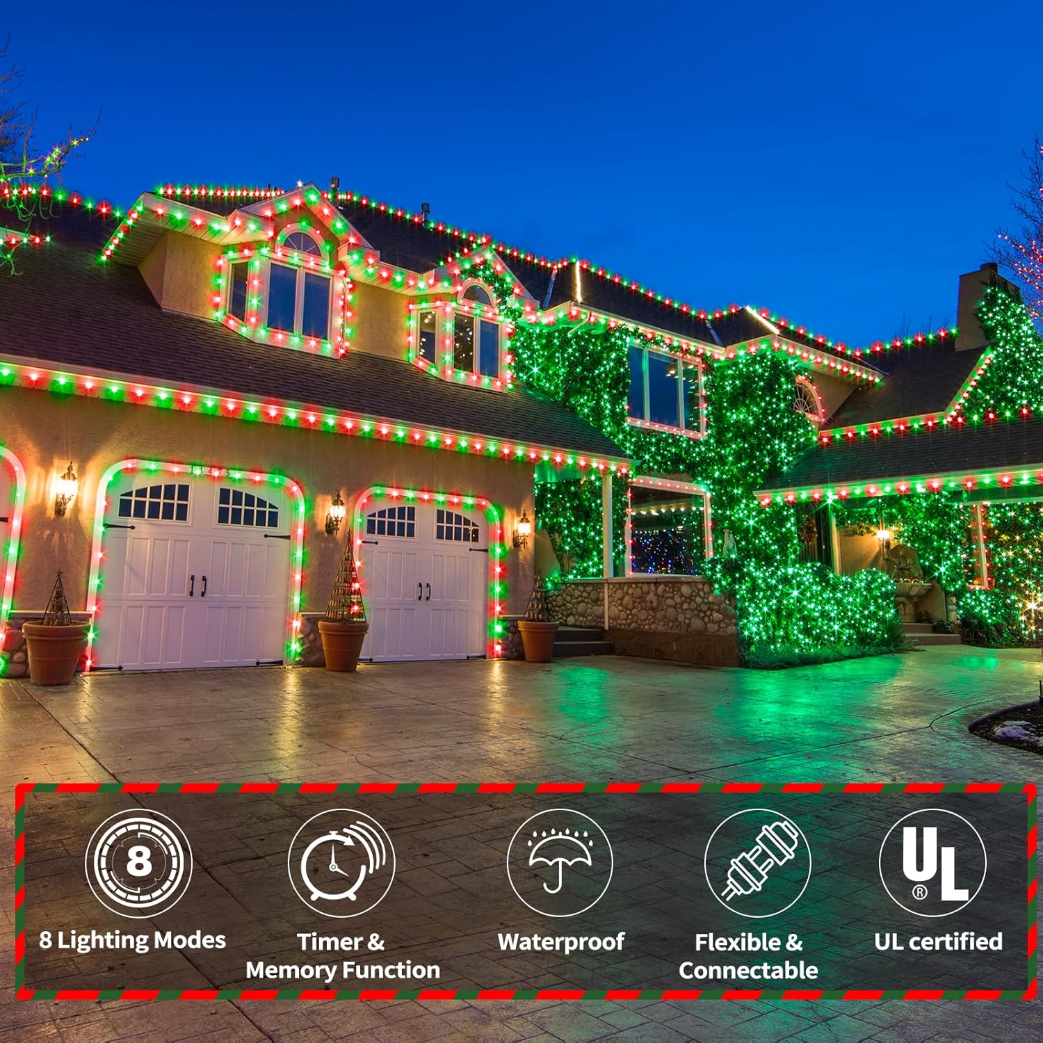Skiennix 50ft LED Rope Lights - Waterproof Connectable Tube Lights with 8 Modes | Red & Green for Indoor/Outdoor Decor