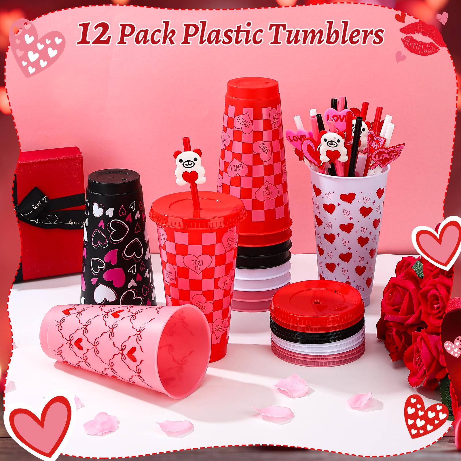 Ovveroche 12 Pcs Valentine's Day Plastic Cups with Lids and Straws and Straw Caps 24 oz Reusable Cups Travel Mug Bulk for Valentine's Day Birthday Wedding Anniversary Party Favors