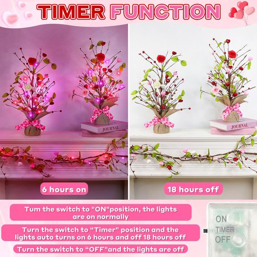 2 Pack & Timer - Valentines Day Decorations, 18 Inch Lighted Valentines Day Tree Tabletop with 20 Red Pink Lights Battery Operated Hearts Rose Berries Artificial Tree Valentines Decor Home Table Party
