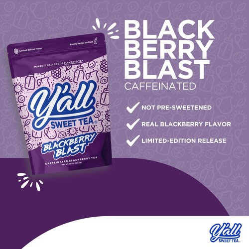 Y'all Sweet Tea Blackberry Blast Flavored Iced Tea Bags, 10 Gallons Pack | As Seen on Shark Tank | Caffeinated | Real Blackberry Flavor | Quick Brew Southern Ice Tea | One Gallon Size Brew