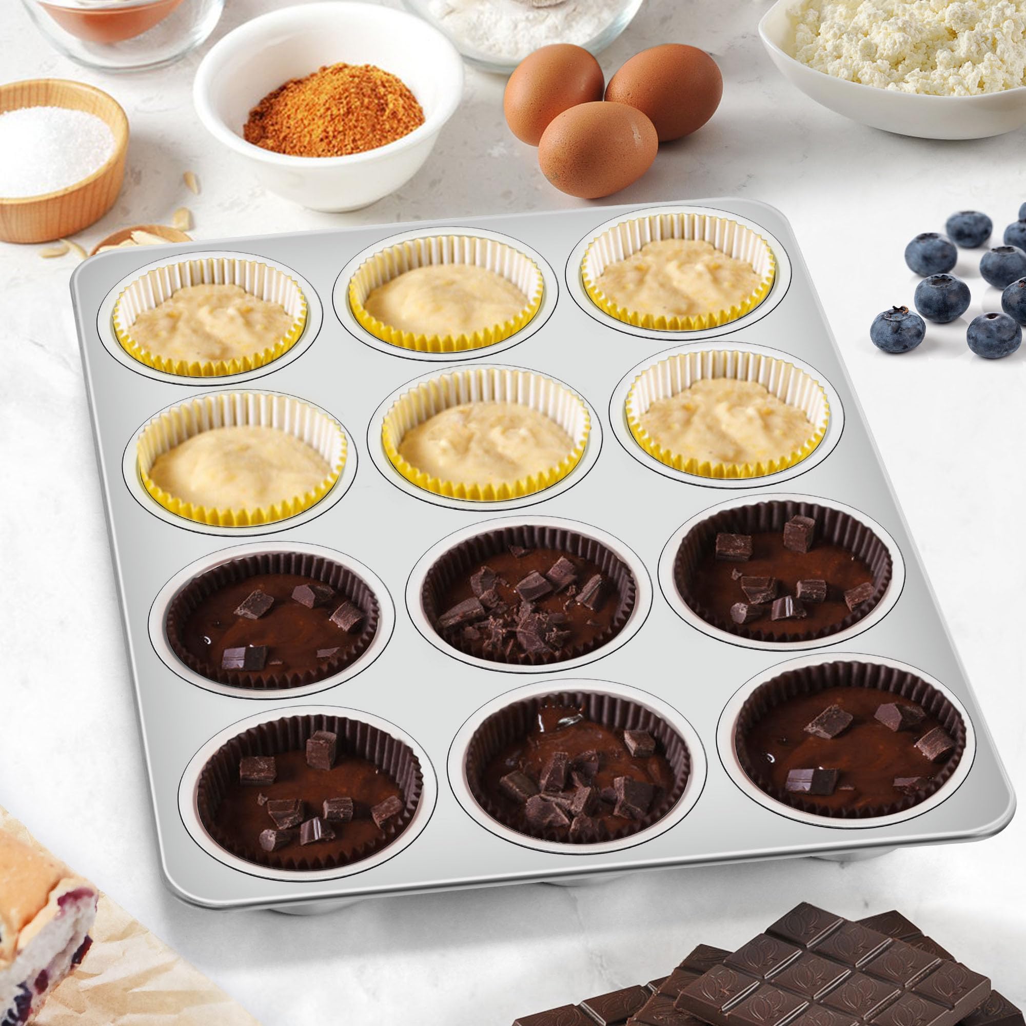 Homikit 2 Pack Muffin Pan, Stainless Steel Cupcake Tin with 12 Cups Regular Size, 13.8" x 10.4" Nonstick Metal Egg Bites Tray for Oven Baking, Non Toxic & Rust Free, Easy Release & Dishwasher Safe