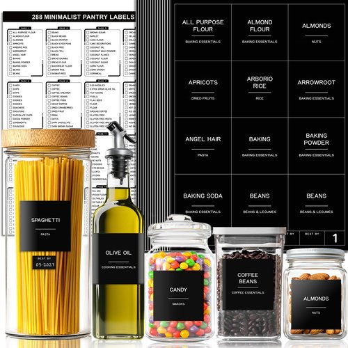 Kuocodall 288 Pantry Labels for Food Containers, Black Preprinted Minimalist Waterproof Stickers for Organizing Storage Bins, Jars and Kitchen