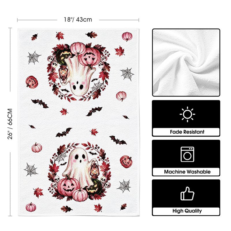 Halloween Dish Towels Set of 4 - Pink Happy Ghost & Maple Leaves 18x26 C