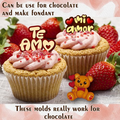 Toni Crafter - te amo 3 pcs Fondant mold perfect size for covered strawberries, letter mold with unique design, Silicone mold phrase love, spanish and english with love heart fondant mold