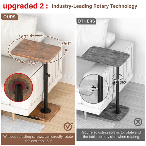 C Table End Table Adjustable Height, 360°Swivel TV Tray Table, Upgraded Metal and Wooden Base to Prevent Slipping, Couch Armrest Table Snack Tables for Laptop Sofa Bed Dinner or Small Space(Brown）