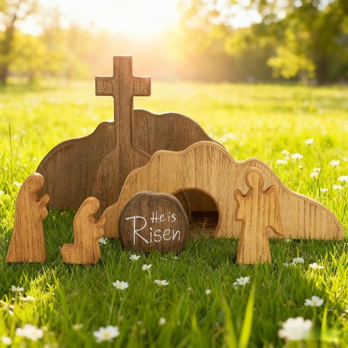 Glintoper Empty Tomb Easter Scene and Cross Decoration, 7pcs Wooden Easter Resurrection Scene Cross Jesus Tomb Tray Set, Tabletop Christian Gifts Jesus Nativity Scene Decor for Religious Home Office
