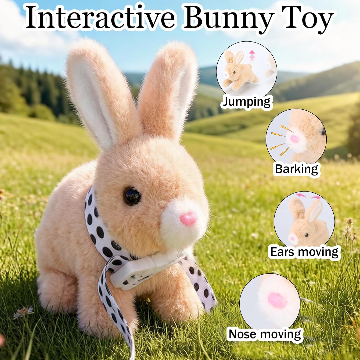 Sprstar Realistic Easter Bunny Toy - Animated Plush Rabbit with Sounds & Movements | Brown with Leash