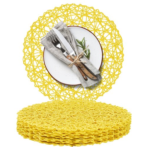 AHHFSMEI Paper Braided Round Placemats Set of 8 Natural Non-Slip Heat Resistant Table Mats for Dining Tables Woven Indoor Outdoor Place mats for(Yellow,8)