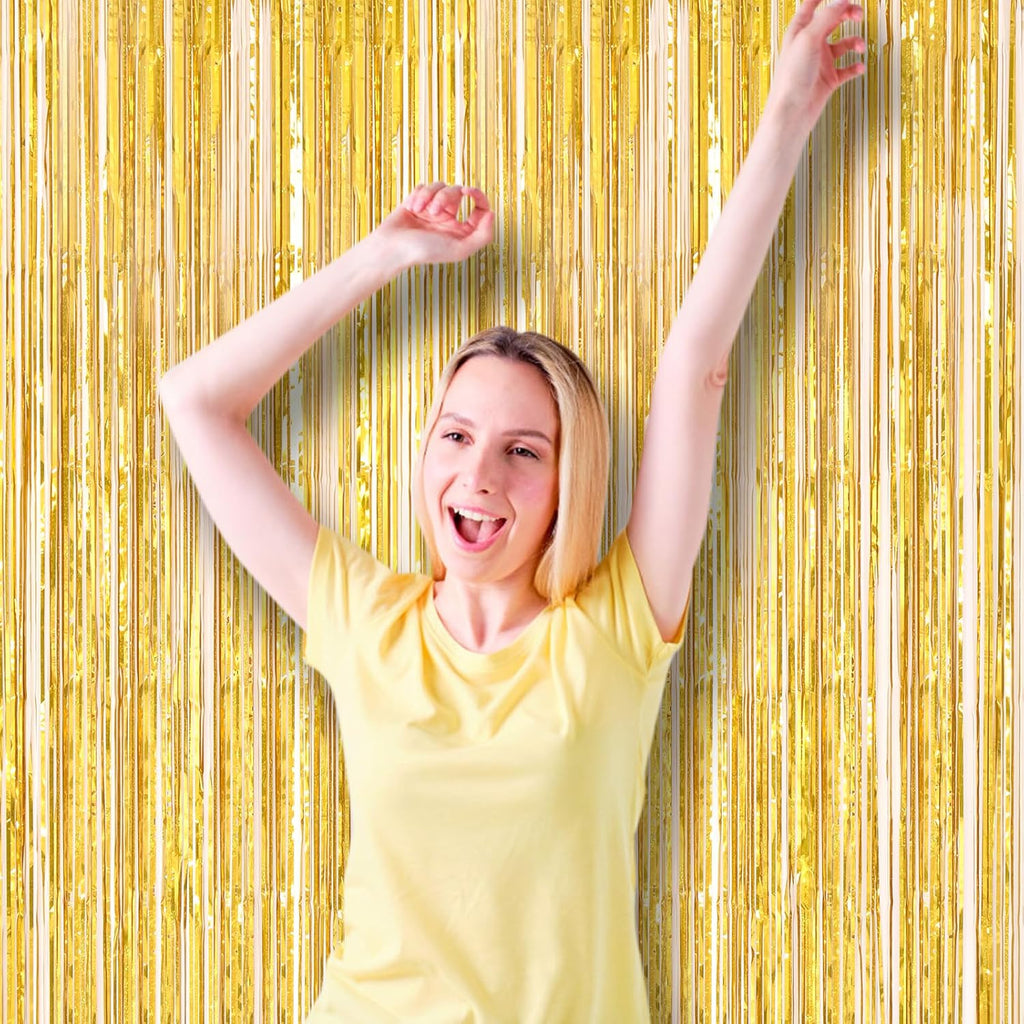 Voircoloria Laser Gold Foil Fringe Backdrop Curtains - 3 Pack Tinsel Streamers for Parties & Events | 3.3 x 8.2 ft