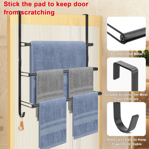 Livabber 3-Tier Over The Door Towel Rack, All Metal Towel Rack with Hooks for Door Hanging, Behind Door Towel Bar Towel Storage Holder for Bathroom Accessories, Black (22.8" L x 5.9" W x 24.4" H)