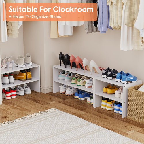 2 Pack Expandable White Shoe Rack Organizer for Closet, 2-Tier Stackable Shoe Storage Shelf, Small Iron Wood Combination Shoe Shelves for Closets,Entryway,Front Door, Narrow Space,Hallway,15-24 Pairs