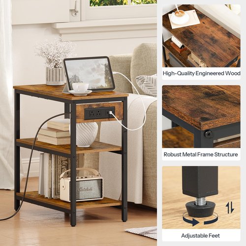 HOOBRO End Table with Charging Station, Simple Rustic Side Table with 3-Tier Storage Shelf, Narrow Nightstand for Small Spaces, for Living Room, Industrial Design, Rustic Brown and Black BF149UBZ01